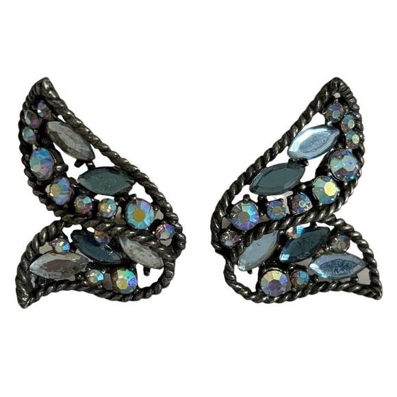 Mode Art Clip On Earrings Blue Silver Tone Aurora Borealis Rhinestone Vintage - Picture 4 of 7